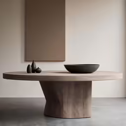 a small bowl sits on top of a table in front of a square painting