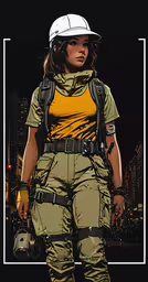 a stylized woman wearing a hard hat and green uniform, with a helmet on,a painting of a woman in an overall and hardhat