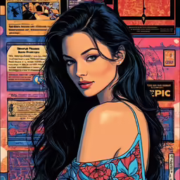 a woman in front of a poster of an image