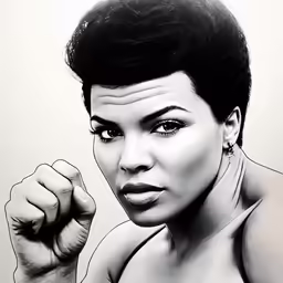 a woman in black and white has an afro