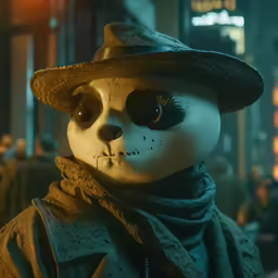 a stuffed animal with a hat and scar on it