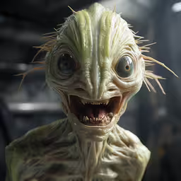 a creepy looking creature in a kitchen with its mouth open,this alien is showing off its spiky, green hair