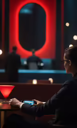 a woman is using a smartphone in a dark restaurant