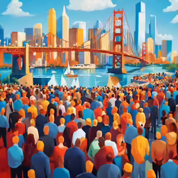 a colorful painting of an urban skyline with people