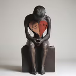 a sculpture of a person with a broken heart sitting on top of suitcases