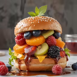 a large sandwich with fruit and jelly, on a white plate