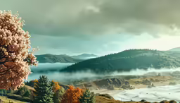 an artistic painting of mountains covered in mist