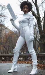 a woman in white is standing on the street