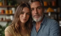 an older man and young girl pose for the camera