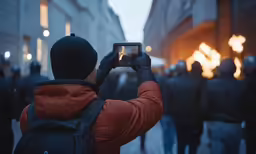 a person holds a device up to take a photo of an open fire