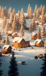 an aerial photo shows cabin houses and fir trees on a mountain side
