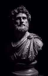 black and white photo of bust of a man wearing roman clothing