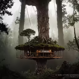 an outdoor tree house is built into the trunk of a tall tree in a forest