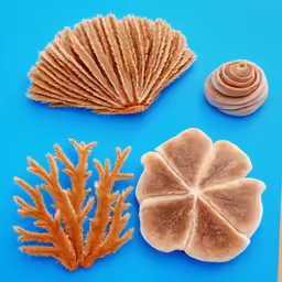 there are three sea shells, two are soft corals and one is large seashell