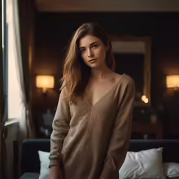 a beautiful woman posing for a photo in a sweater