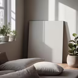 a plant in the corner of a room with white walls and cushions