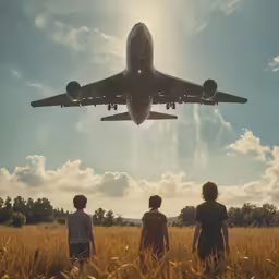 two men watch an airplane over a field