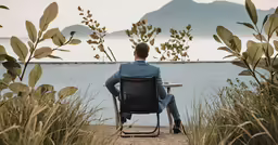 a man sitting in a chair facing a lake