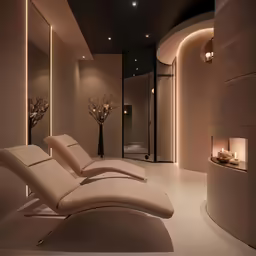 a pair of chaise long lounges next to a mirror and vase