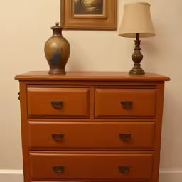 two lamps are on a dresser with an orange cabinet