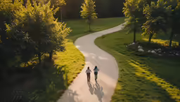 two people riding their bikes down the path