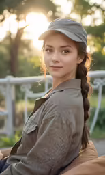 a woman with braid hair sitting next to a bench