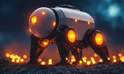 a large robot robot with bright orange eyes