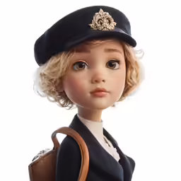 an antique fashion doll with blonde hair and a hat