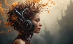 a woman with a set of headphones on her ears and a hair blow dryer with flowers coming out of it