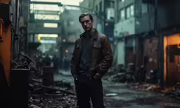 a man in leather jacket standing in an alley