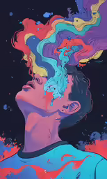 a man with his head turned to the side, painted in colorful swirling colors