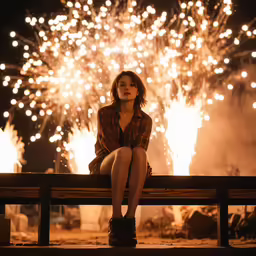 a woman is sitting on a bench in front of fireworks