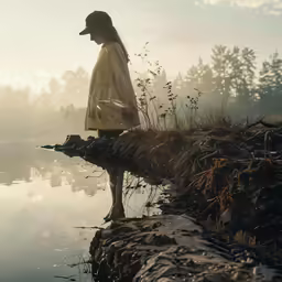 the woman is looking at the water while standing on a branch