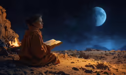 the young boy is sitting in front of the fire
