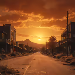 sunset over residential area with sky, street light and telephone wires