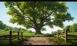 a painting of a wooden fence on a dirt road
