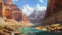a painting of a river that is surrounded by mountains,a river and mountains are seen in the daylight