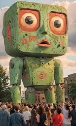 a crowd of people standing around an inflatable toy