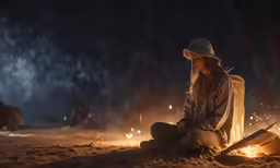 a woman sitting in front of a campfire, by a cow