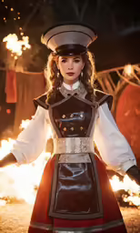 woman in a long dress with fire in the background