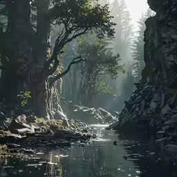 water flows from the river through some rocks