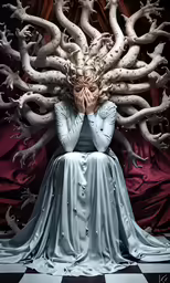 a woman with lots of branches covering her head
