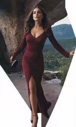 the woman is wearing a long red dress with her legs apart