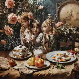 a painting with three girls sitting at a table