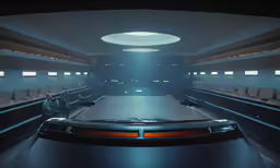 a vehicle inside of a spaceship looking into the distance