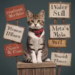 a cat sitting on a crate with many small wooden signs