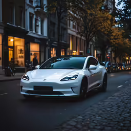 the white car is parked on the street