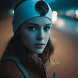 a woman wearing a blindfold is standing outside