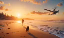 a person walking on a beach next to a dog,a person and their dog walking on a beach at sunset near an airplane