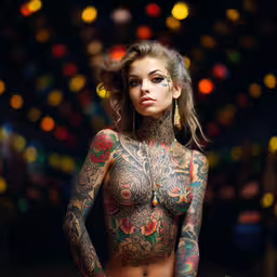 a young woman with body paint in front of a backdrop,a woman with tattoos on her body posing for the camera